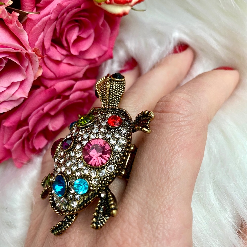 Sea Turtle statement ring rainbow rhinestone - Picture 4 of 7